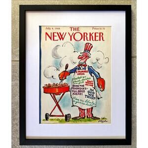 Framed 1988 The New Yorker July 4 Barbecue Lorenz Patriotic Apron